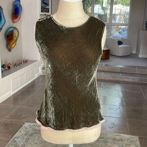 Vintage “fitigues” small green velvet shell top with pink ruffle edge.